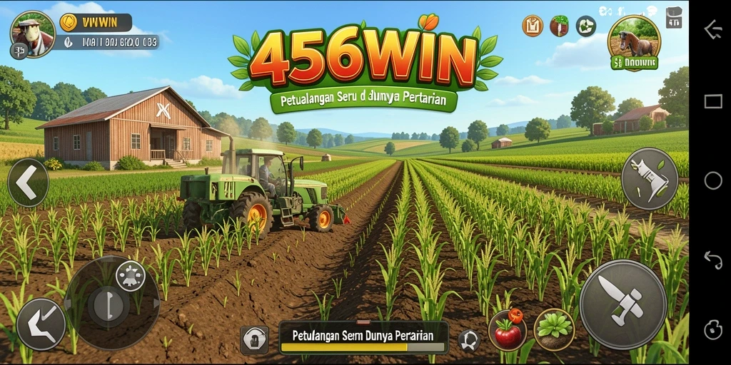 Screenshot gameplay menunjukkan ladang hijau subur dan hewan peliharaan yang lucu.