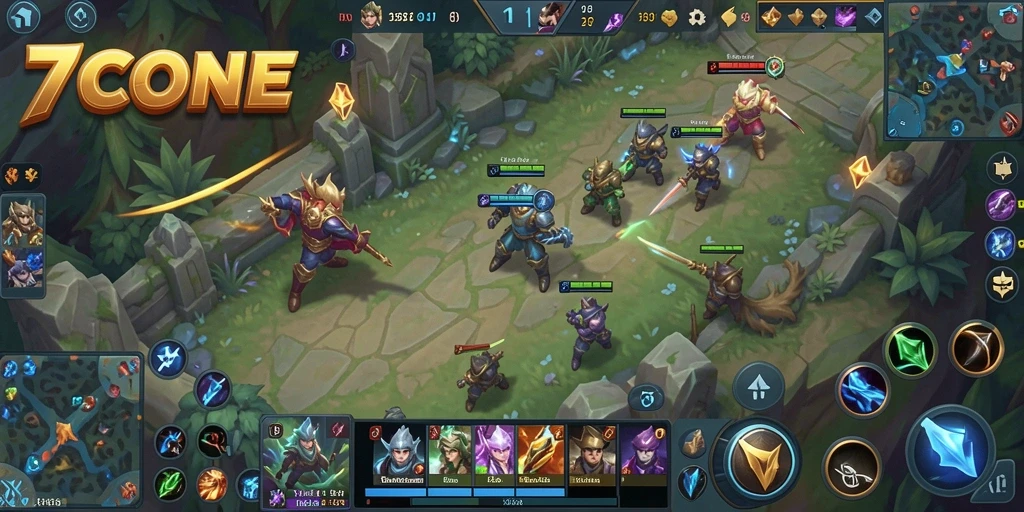 Tampilan gameplay seru di arena 7CONE dengan tim yang bertempur.