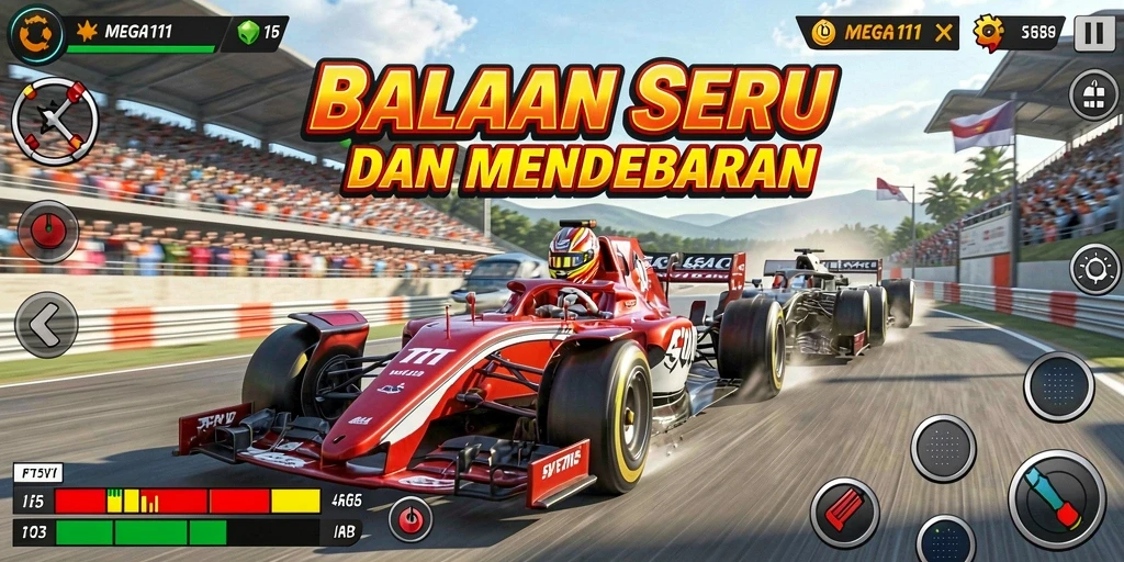 Tampilan gameplay seru dengan mobil balap di lintasan.