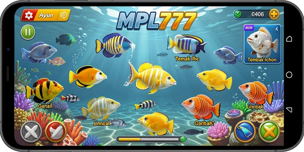 Tampilan gameplay MPL777 dengan aksi menembak ikan yang seru.