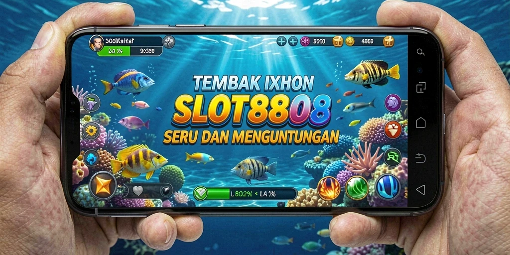Screenshot gameplay SLOT8808 yang menunjukkan aksi menembak ikan.