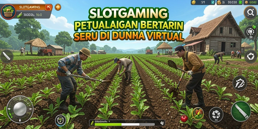 Screenshot SLOTGAMING menampilkan kebun yang subur dan berwarna-warni dengan tanaman yang siap dipanen.